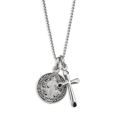Sterling St Benedict and Small Cross Necklace, HMH Religious