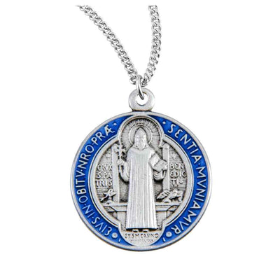 St. Benedict Jubilee Blue and Red Epoxy Sterling Silver Medal. An 18"stainless steel curb chain in gift box (view 1) HMH Religious