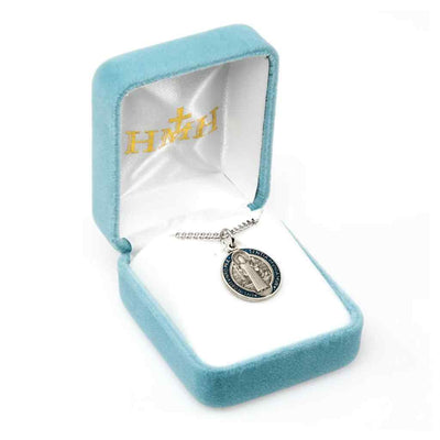 St. Benedict Jubilee Blue and Red Epoxy Sterling Silver Medal. An 18"stainless steel curb chain in gift box (view 3), HMH Religious