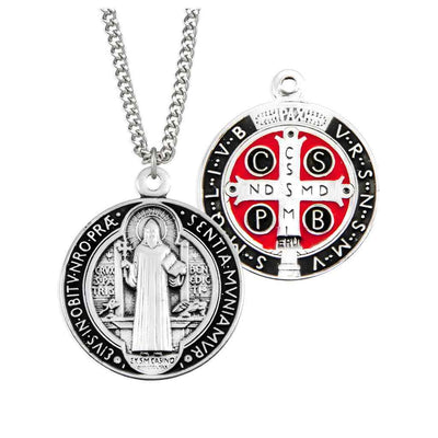 St. Benedict Jubilee epoxy black & red sterling silver medal necklace with 18" stainless steel chain, HMH Religious (view 1)