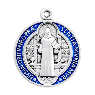 Front of the Large Jubilee St. Benedict Blue & Red epoxy Sterling Silver Medal. Made in USA by HMH Religious (view 2)