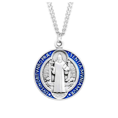 Large Jubilee St. Benedict Blue & Red epoxy Sterling Silver Medal. paired with an 18-inch surgical steel chain. Made in USA by HMH Religious (view 1)