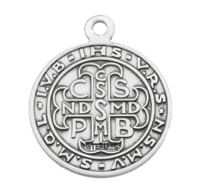 St. Benedict Profiled Round Sterling Silver Medal Necklace with 18" Chain, Back of Medal, HMH Religious