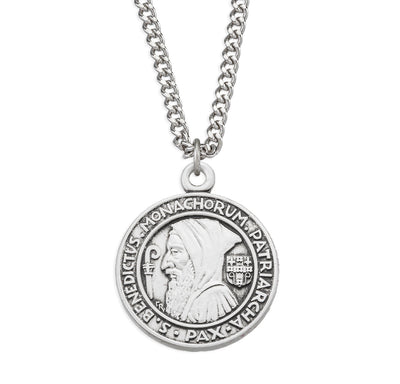 St. Benedict Profiled Round Sterling Silver Medal Necklace with 18" Chain, HMH Religious