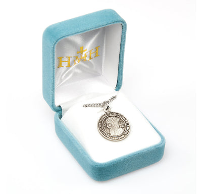 St. Benedict Profiled Round Sterling Silver Medal Necklace with 18" Chain, Deluxe Gift Box, HMH Religious