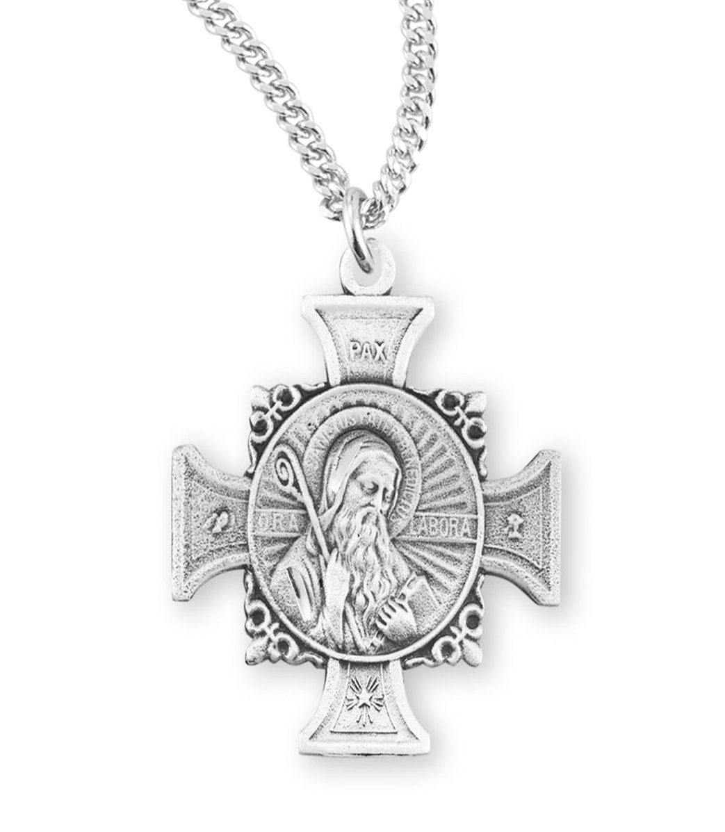 HMH Religious St Benedict Sterling Silver Double Sided Maltese Cross Necklace,