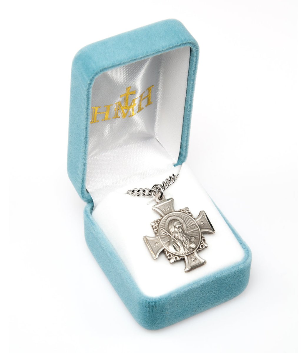 HMH Religious St Benedict Sterling Silver Double Sided Maltese Cross Necklace in Gift Box,