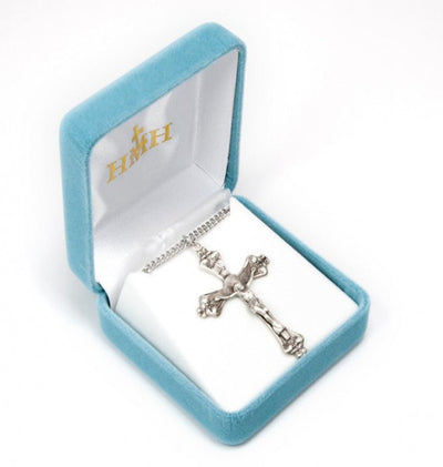 Baroque Scroll Tipped Sterling Silver Medal Crucifix in Box, HMH Religious