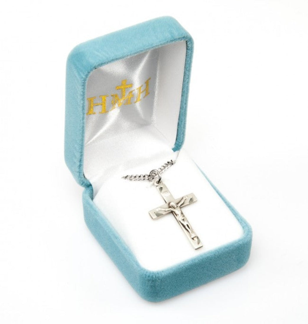 Basic Engraved Sterling Silver Medal Crucifix in Box,