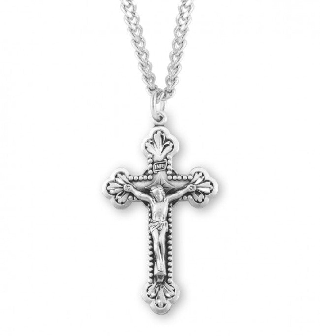 HMH Religious Baroque Leaf Design Sterling Silver Medal Crucifix