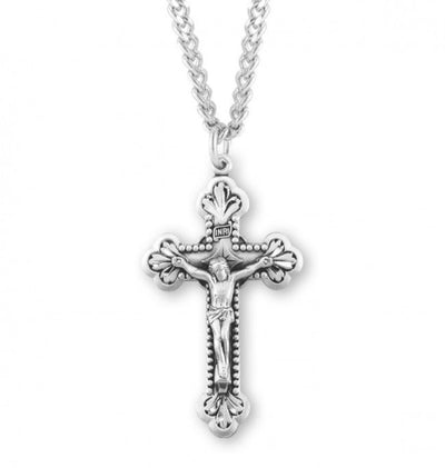 Baroque Leaf Design Sterling Silver Medal Crucifix, HMH Religious