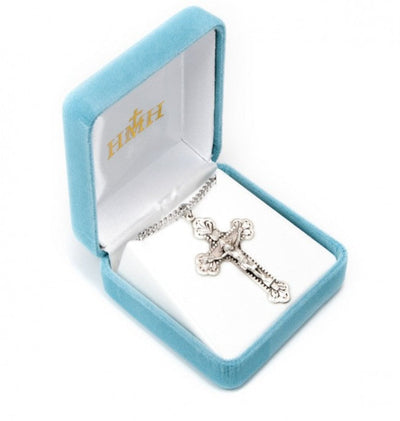 Baroque Leaf Design Sterling Silver Medal Crucifix in Box, HMH Religious