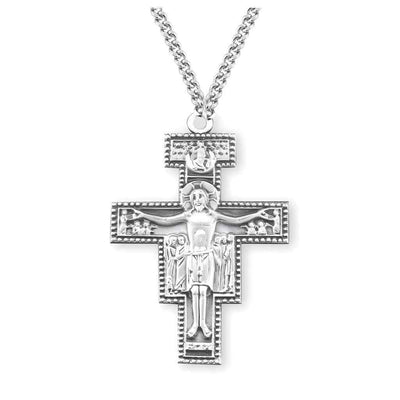 Franciscan San Damiano Crucifix Sterling Silver Medal with 27" 316 Surgical stainless steel endless curb chain, HMH Religious