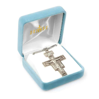 Franciscan San Damiano Crucifix Sterling Silver Medal with 27" 316 Surgical stainless steel endless curb chain in Gift Box, HMH Religious (view 3)