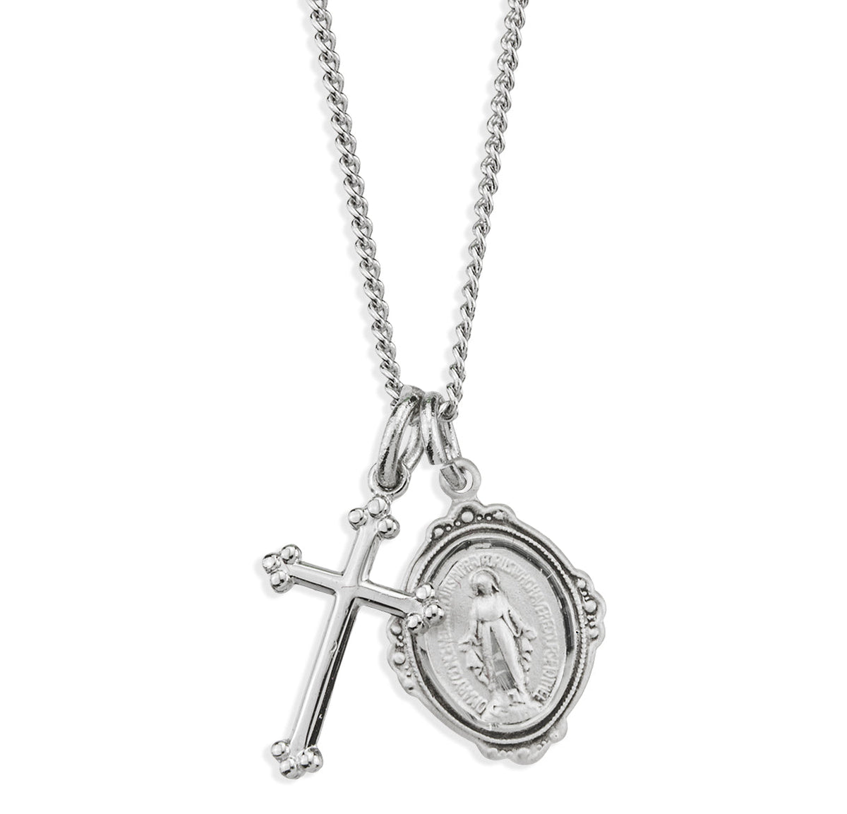 HMH Religious Sterling Silver Miraculous and Cross Necklace