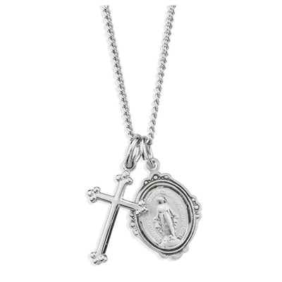 Sterling Silver Miraculous and Cross Necklace, HMH Religious