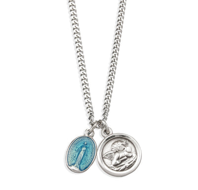 Sterling Silver da Vinci Cherub and Blue Miraculous Necklace, HMH Religious
