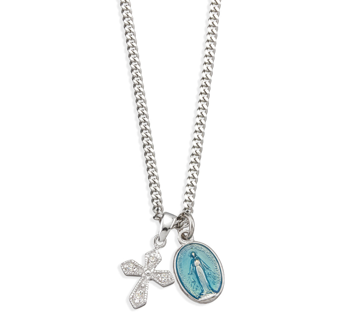 HMH Religious Sterling Blue Miraculous and Crystal Cross Necklace