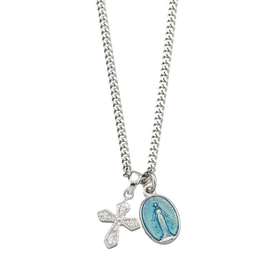 Sterling Blue Miraculous and Crystal Cross Necklace, HMH Religious