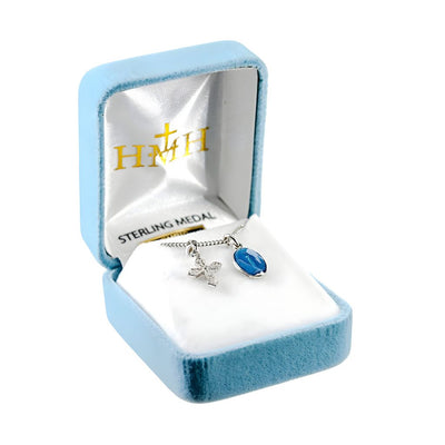 Sterling Blue Miraculous and Crystal Cross Necklace in Gift Box, HMH Religious