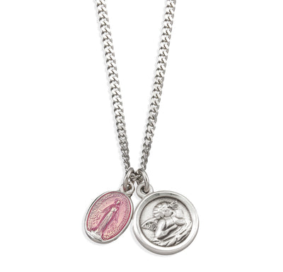 Sterling Silver da Vinci Cherub and Pink Miraculous Necklace, HMH Religious