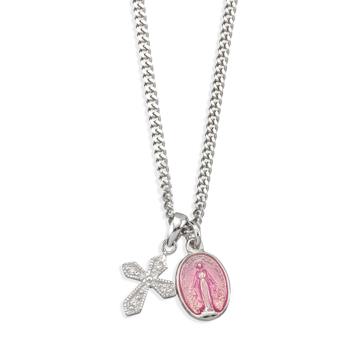 HMH Religious Sterling Silver Pink Miraculous and Crystal Cross Necklace