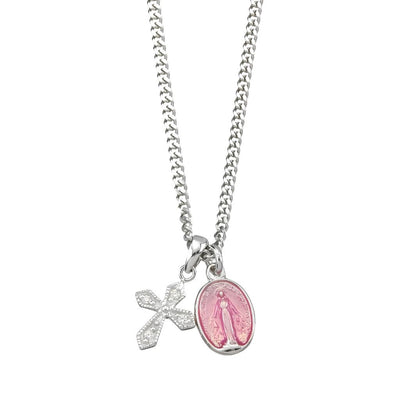 Sterling Silver Pink Miraculous and Crystal Cross Necklace, HMH Religious