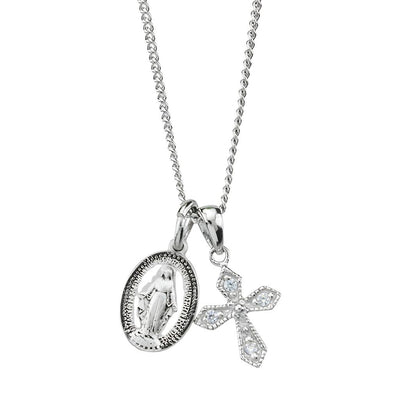Sterling Silver Miraculous and CZ Crystal Cross Necklace, HMH Religious