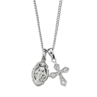 Sterling Silver Miraculous and CZ Crystal Flare Cross Necklace, HMH Religious