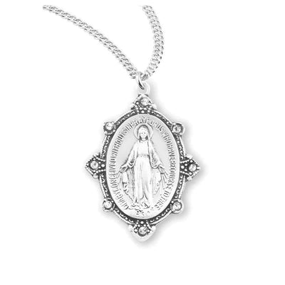 Miraculous Sterling Silver Necklace with clear crystals, 18" stainless steel curb chain with gift box by HMH Religious (view 1)