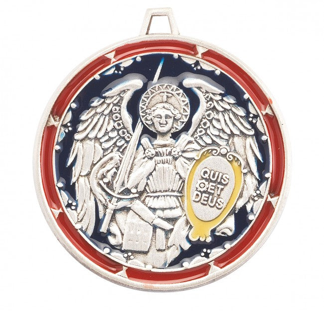 HMH Religious St Michael the Archangel Round Sterling Silver Red/Blue Enameled Medal