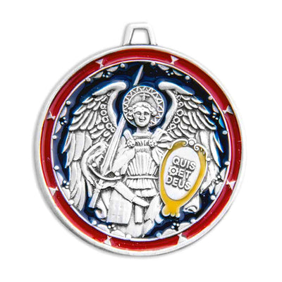 St Michael the Archangel Archangel Michael defeating the devil Round Sterling Silver Red/Blue Epoxy Medal, HMH Religious