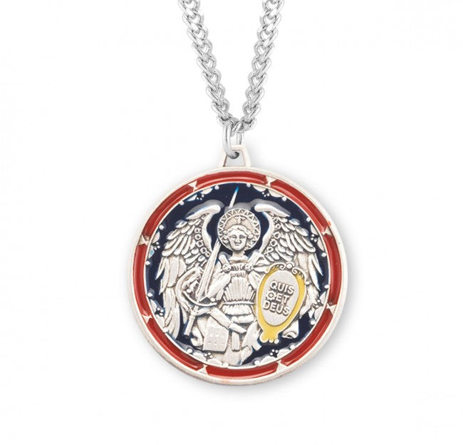 HMH Religious St Michael the Archangel Round Sterling Silver Red/Blue Enameled Medal