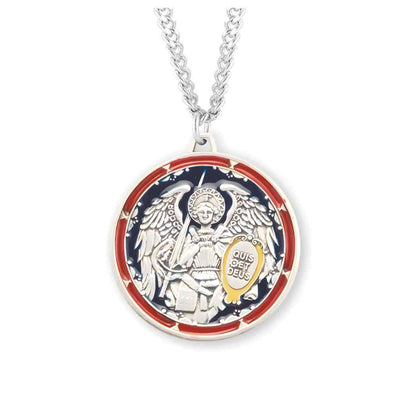 St Michael the Archangel Archangel Michael defeating the devil Round Sterling Silver Red/Blue Epoxy Medal 24" 316 surgical stainless steel curb endless chain, HMH Religious