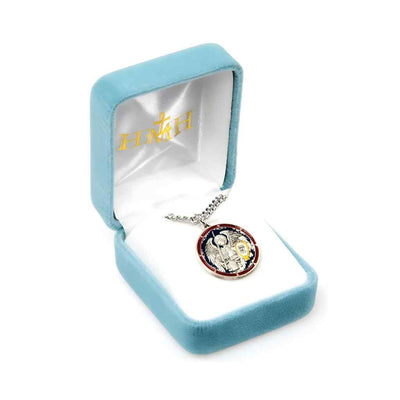 St Michael the Archangel Archangel Michael defeating the devil Round Sterling Silver Red/Blue Epoxy Medal 24" 316 surgical stainless steel curb endless chain in gift box, HMH Religious