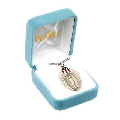 Army St Sebastian Necklace in Sterling Silver with Red, White, and Blue epoxy design with 24" 316 surgical stainless steel curb endless chain in gift box, HMH Religious