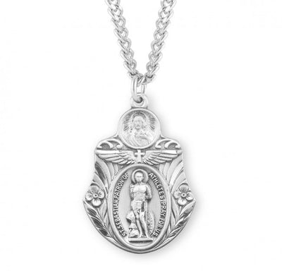 St Sebastian Patron of Athletes Sterling Silver Badge Shaped Medal. Comes with Gift Box and made in the USA, HMH Religious