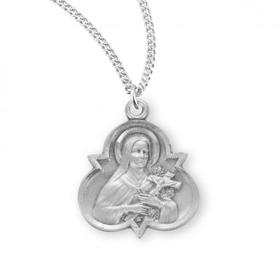 St Therese of Lisieux sterling silver medal holding a crucifix and roses Trinity shaped medal with 18" 316 surgical stainless steel curb chain, HMH Religious