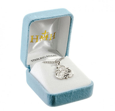 St Therese of Lisieux sterling silver medal holding a crucifix and roses Trinity shaped medal with 18" 316 surgical stainless steel curb chain in gift box, HMH Religious