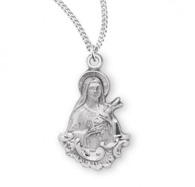 St Therese of Lisieux holding a crucifix and roses Figure Shaped Sterling Silver Medal with 18" 316 surgical stainless steel curb chain, HMH Religious