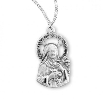St Therese of Lisieux holding a crucifix and roses Cut Out Sterling Silver Medal with 18" 316 surgical stainless steel curb chain, HMH Religious