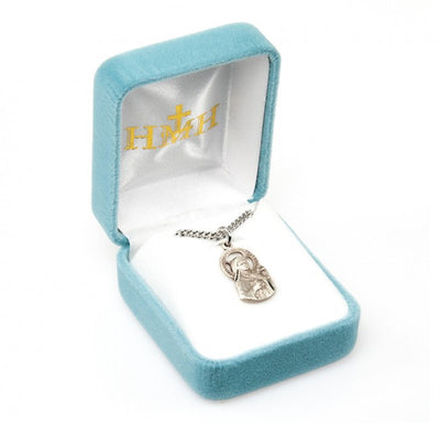 St Therese of Lisieux holding a crucifix and roses Cut Out Sterling Silver Medal with 18" 316 surgical stainless steel curb chain in gift box, HMH Religious