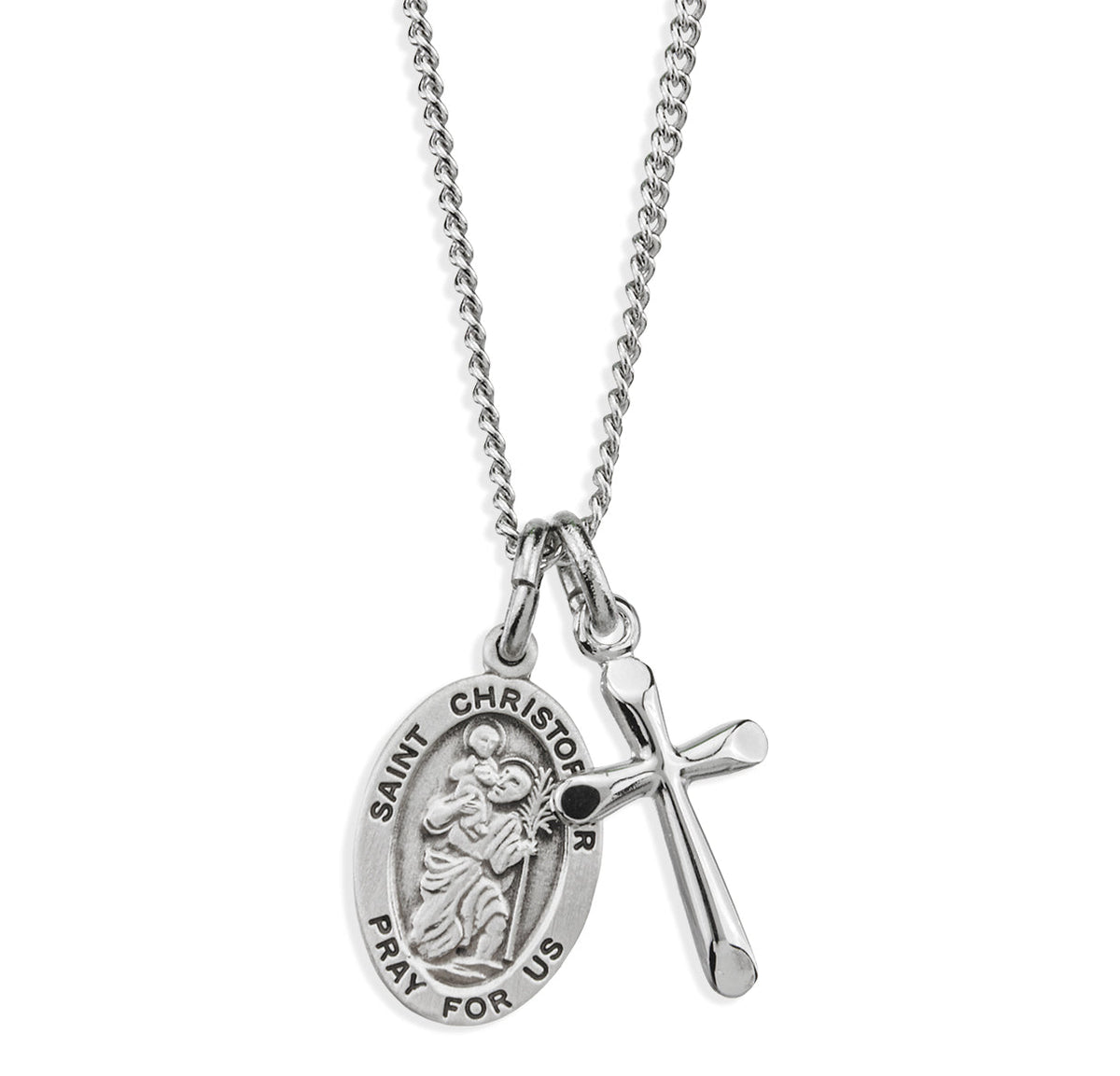 HMH Religious Sterling Silver St Christopher and Small Cross Necklace