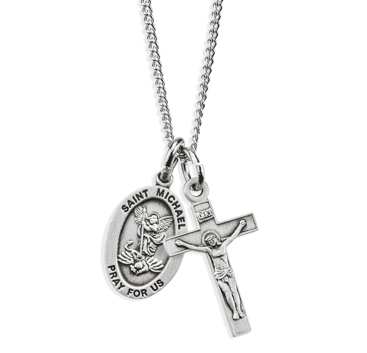 HMH Religious Sterling Silver St Michael and Small Crucifix Necklace