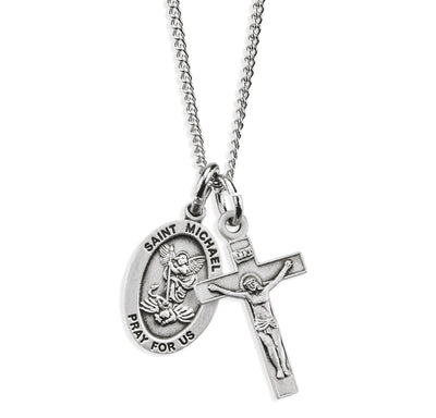Sterling Silver St Michael and Small Crucifix Necklace, HMH Religious