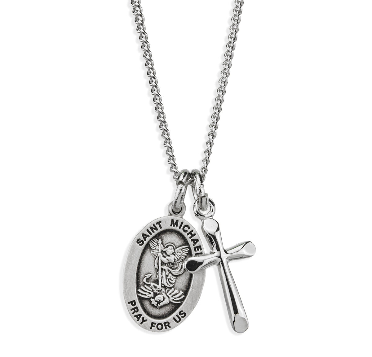 HMH Religious Sterling Silver St Michael and Small Cross Necklace