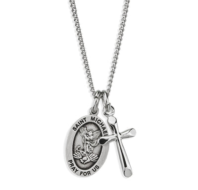 Sterling Silver St Michael and Small Cross Necklace, HMH Religious