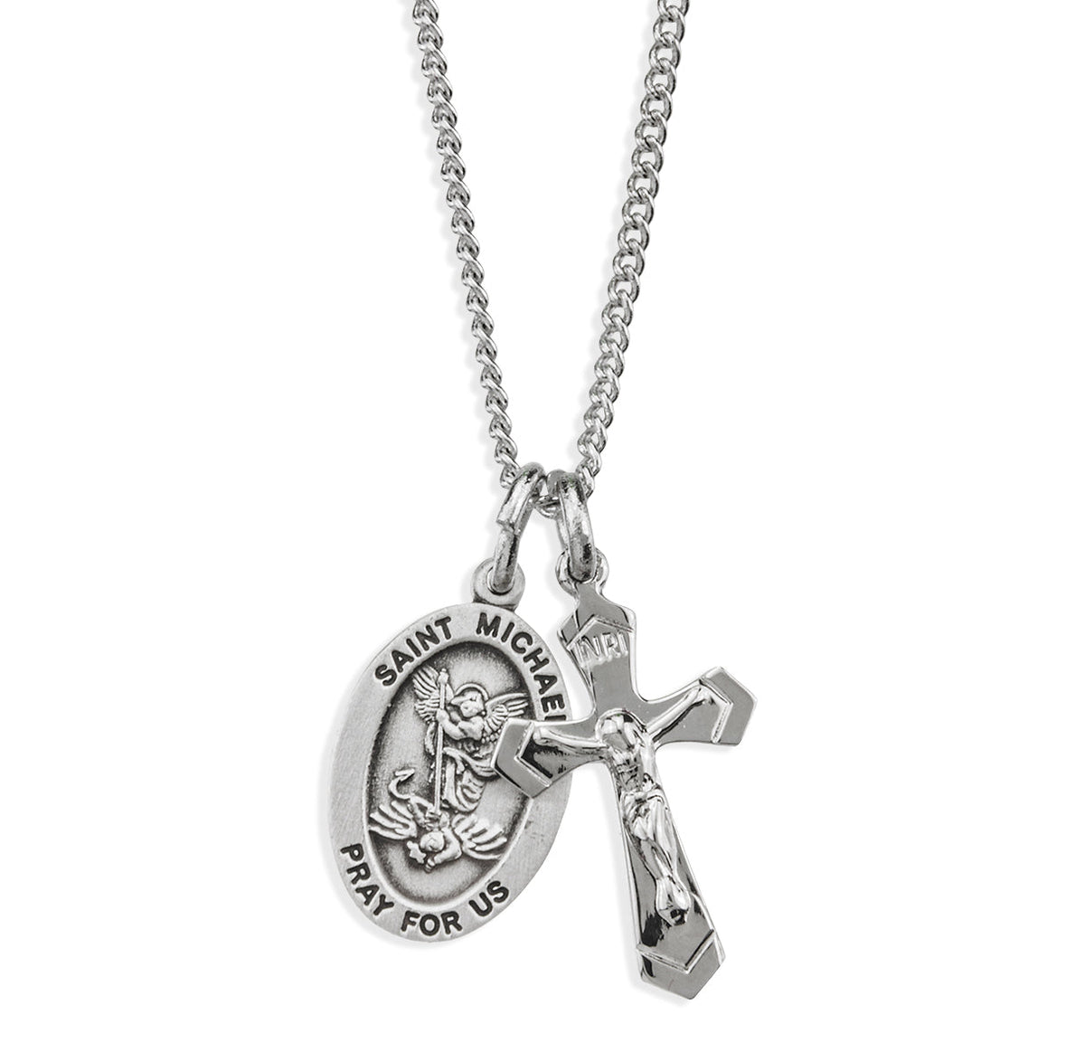 HMH Religious Sterling Silver St Michael and Small Flare Crucifix Necklace