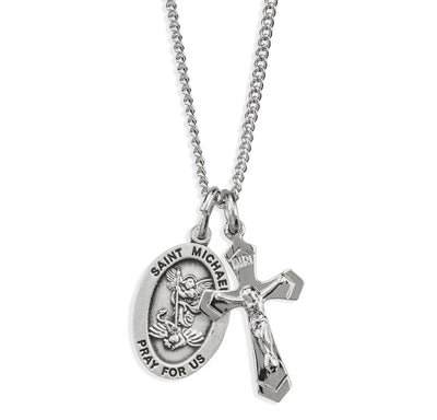 Sterling Silver St Michael and Small Flare Crucifix Necklace, HMH Religious