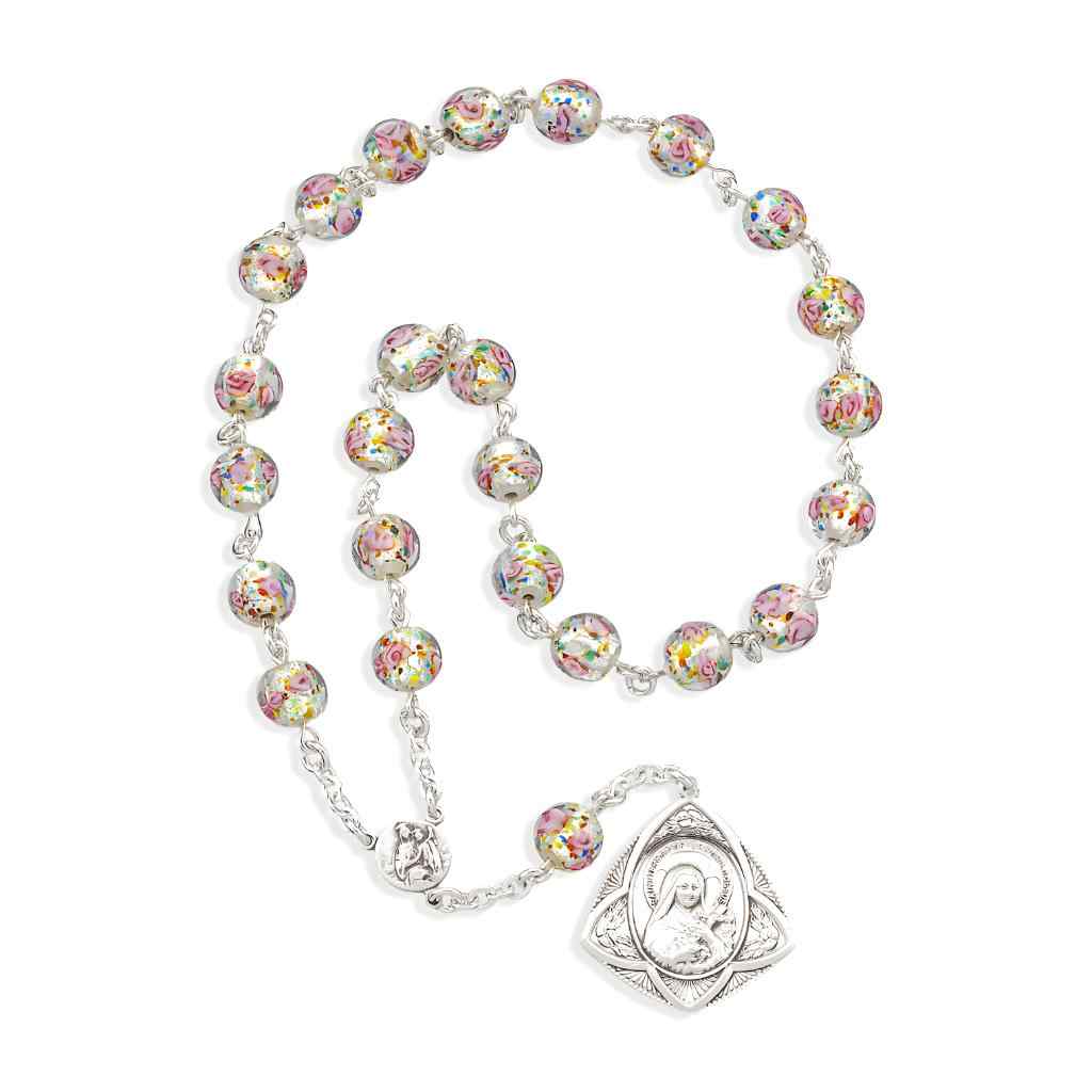 St Therese The Little Flower Floral Glass Chaplet. Comes with Gift Box and made in the USA, HMH Religious